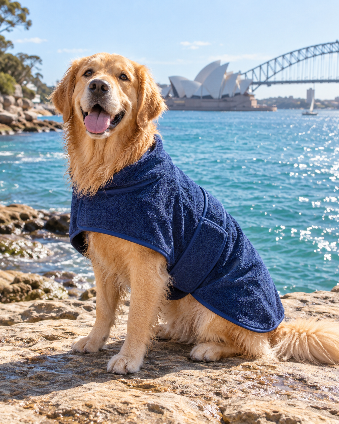 AI-generated design concept: a golden retriever in a navy wrap-style dog drying robe beside Sydney Harbour